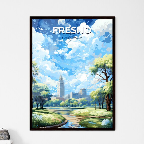 Fresno California Park Tower Pond City Skyline Travel Art Poster