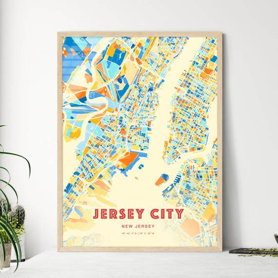 Colorful Jersey City New Jersey Blue Orange Fine Art Print Jersey City Usa City Map Customizable Poster Print Personalized Gift