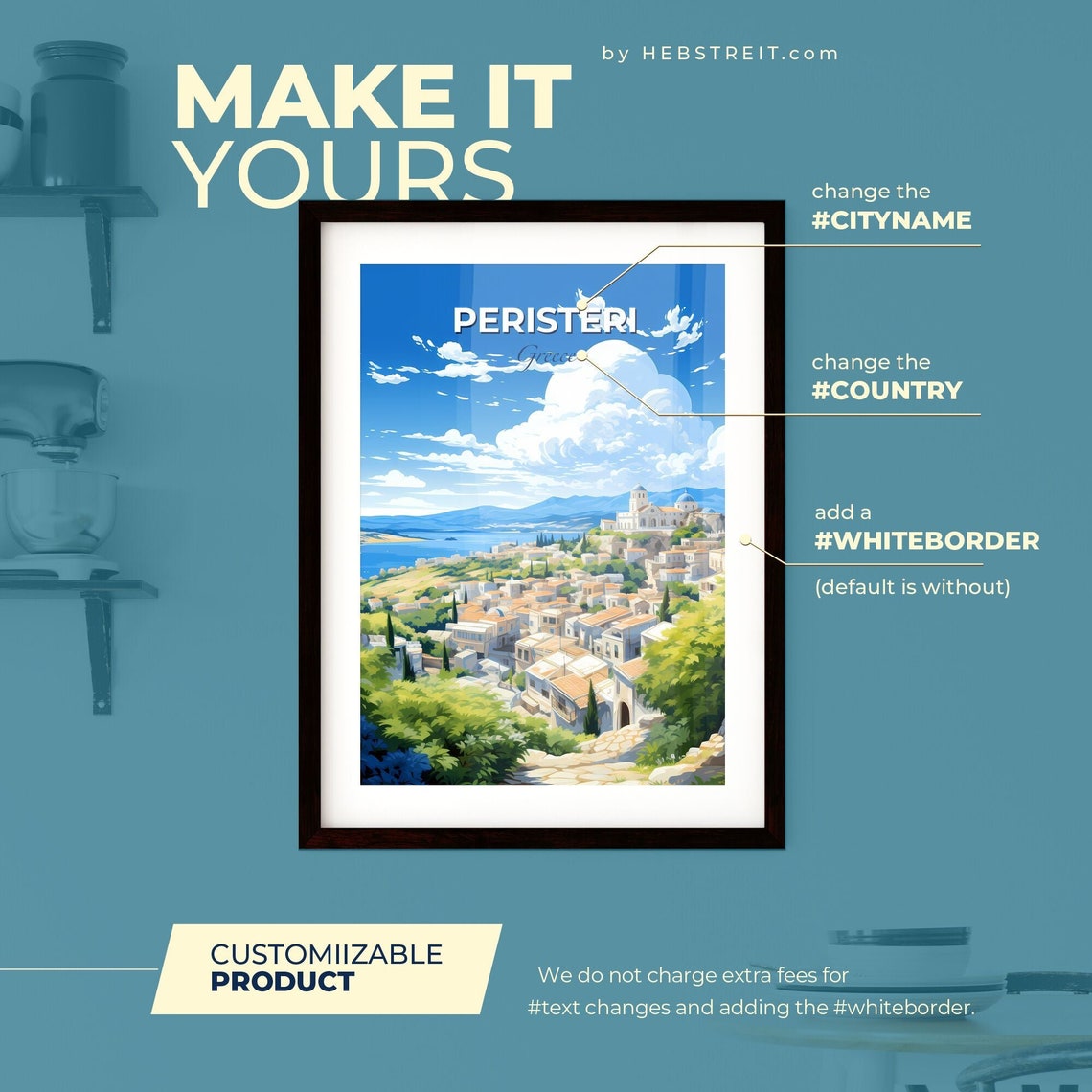 Peristeri Greece Whitewashed Hillside Town Coast Travel Art Poster - Image 2