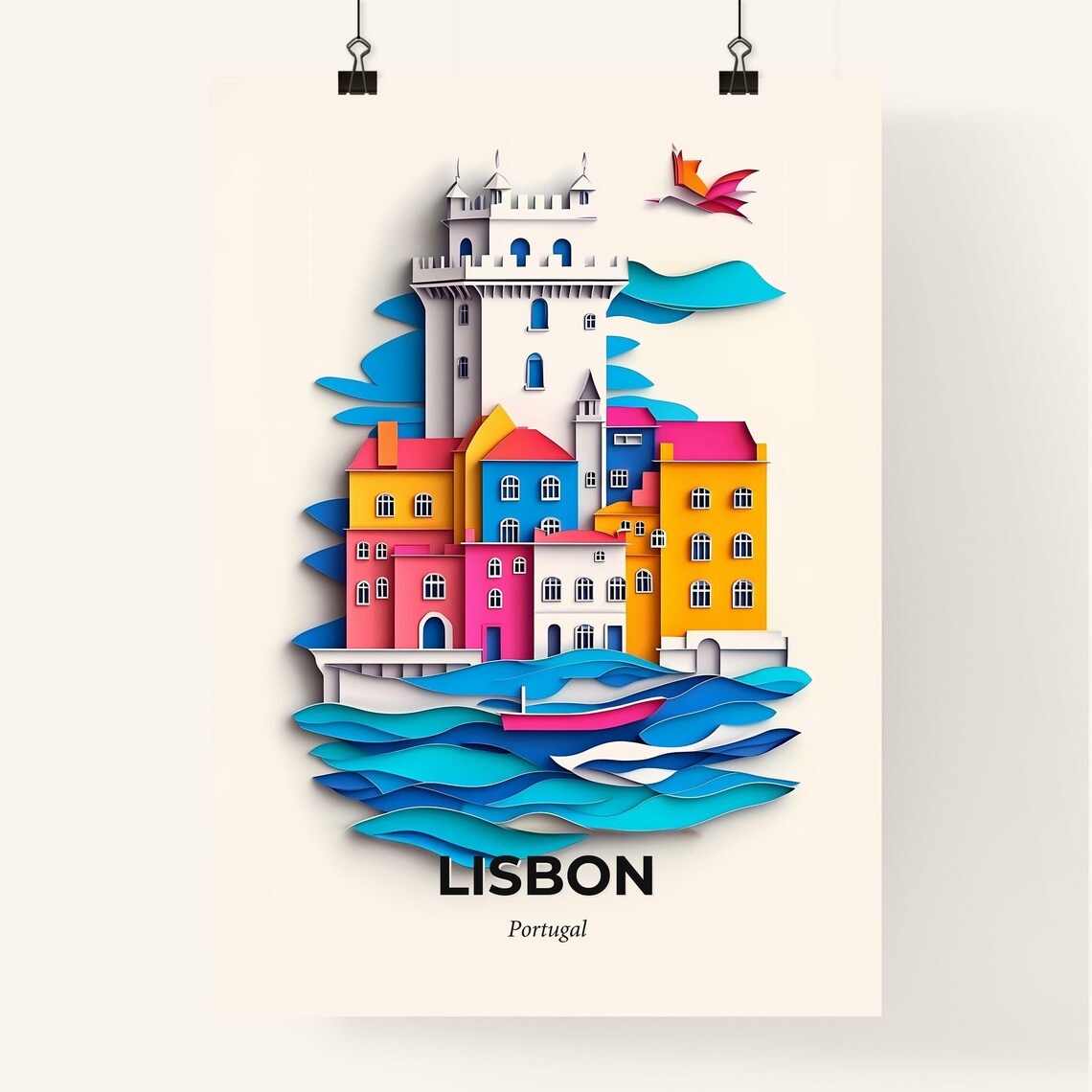 Lisbon Portugal Colorful Paper Cut Historic Tower Waves Travel Poster - Image 4