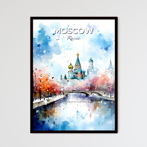 Moscow Russia Watercolor Travel Poster St Basil Cathedral Bridge River Art