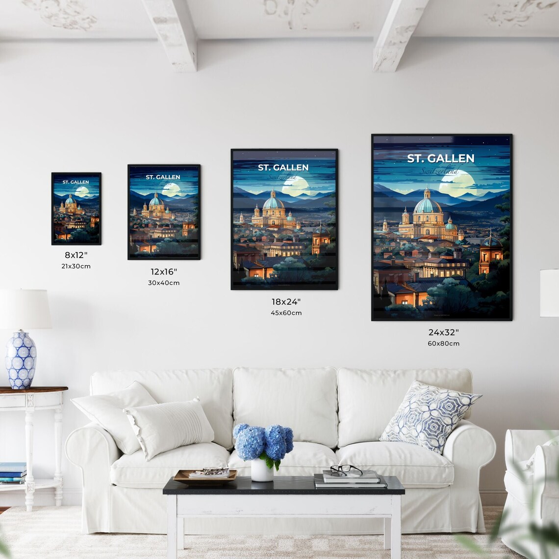 St. Gallen Switzerland Moonlit Cathedral Night Travel Poster Art - Image 3