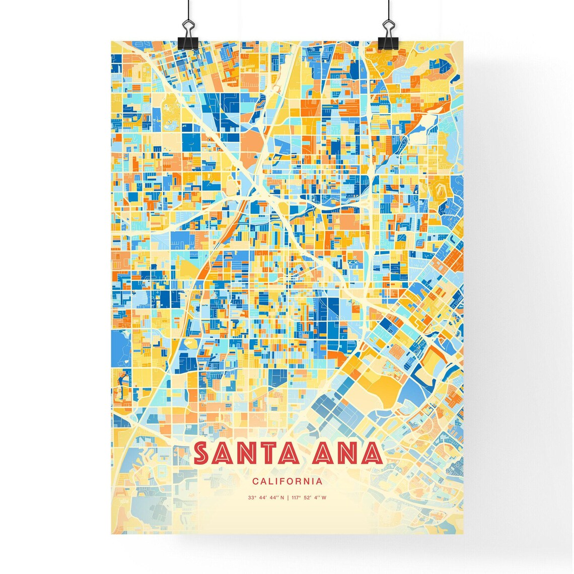 Santa Ana California Colorful Blue Orange City Street Map Art Poster - Image 3