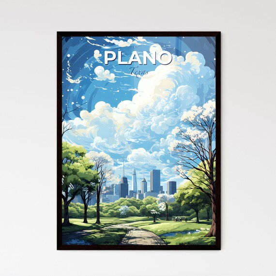 Plano Texas Travel Poster Park Path Skyline Spring Blossoms Illustration Art