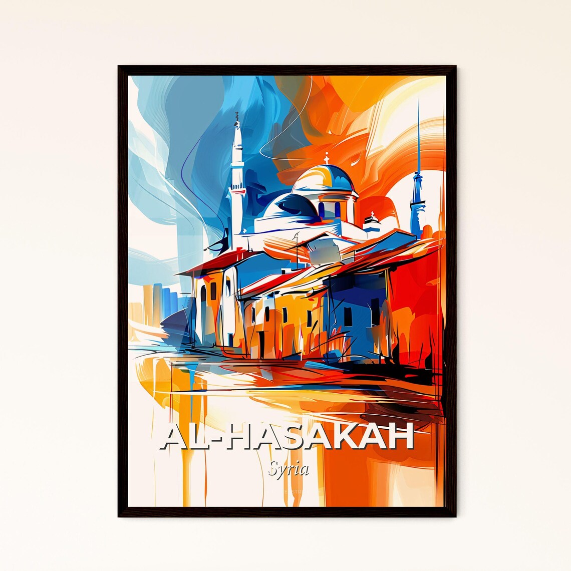 Al Hasakah Syria Vibrant Watercolor Mosque Cityscape Art Poster