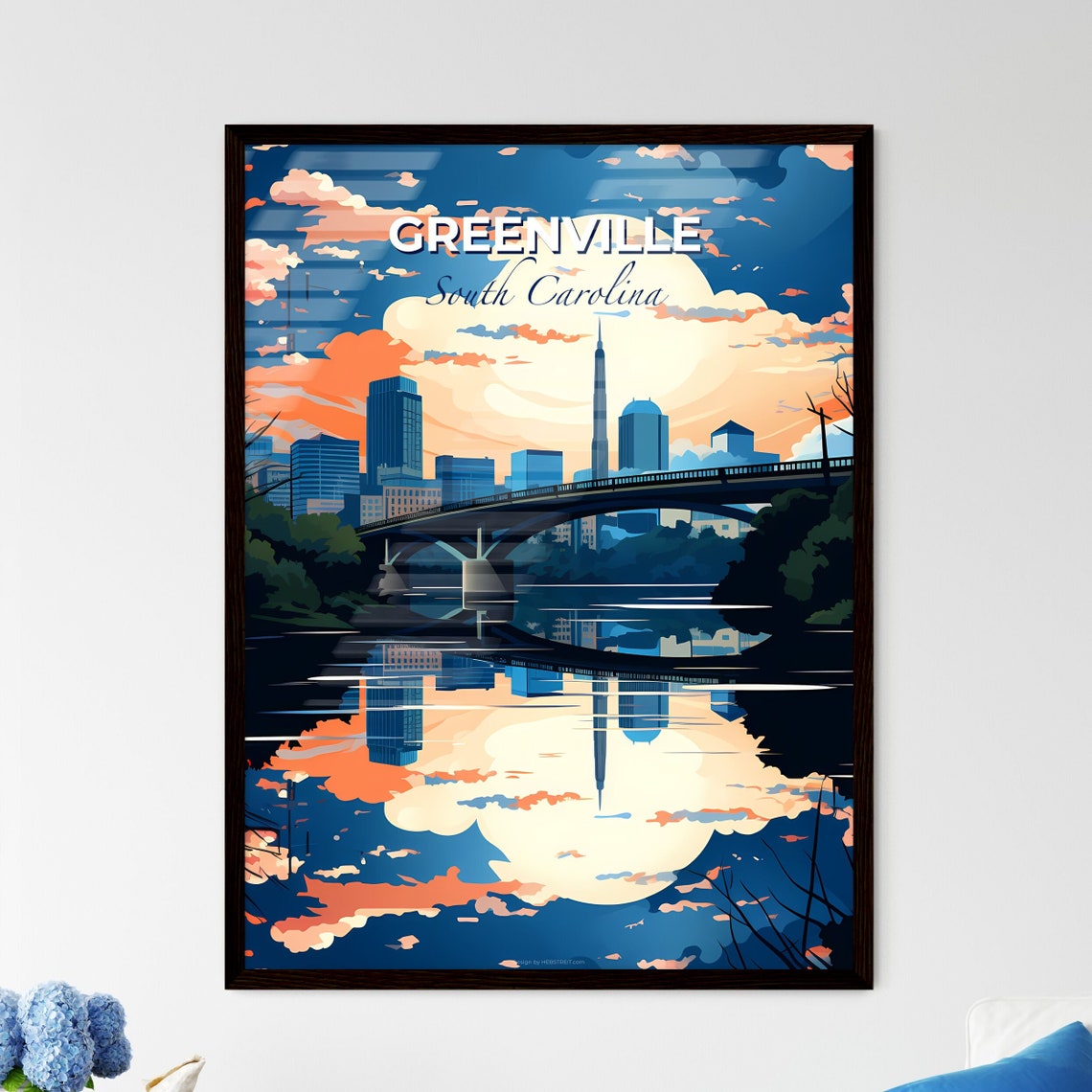 Greenville South Carolina Sunset Skyline Bridge Reflection Poster