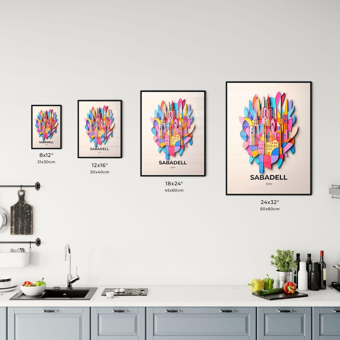 Sabadell Spain Colorful City Buildings Vivid Paper Cut Art Poster - Image 3