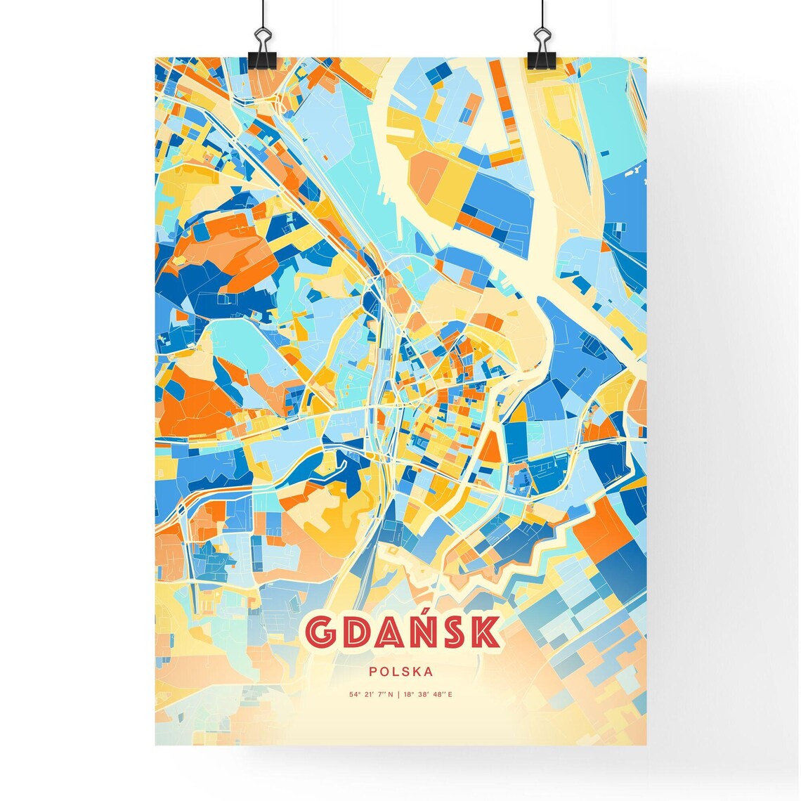 Gdansk Poland Blue Orange Colorful City Map Art Poster With Coordinates - Image 3
