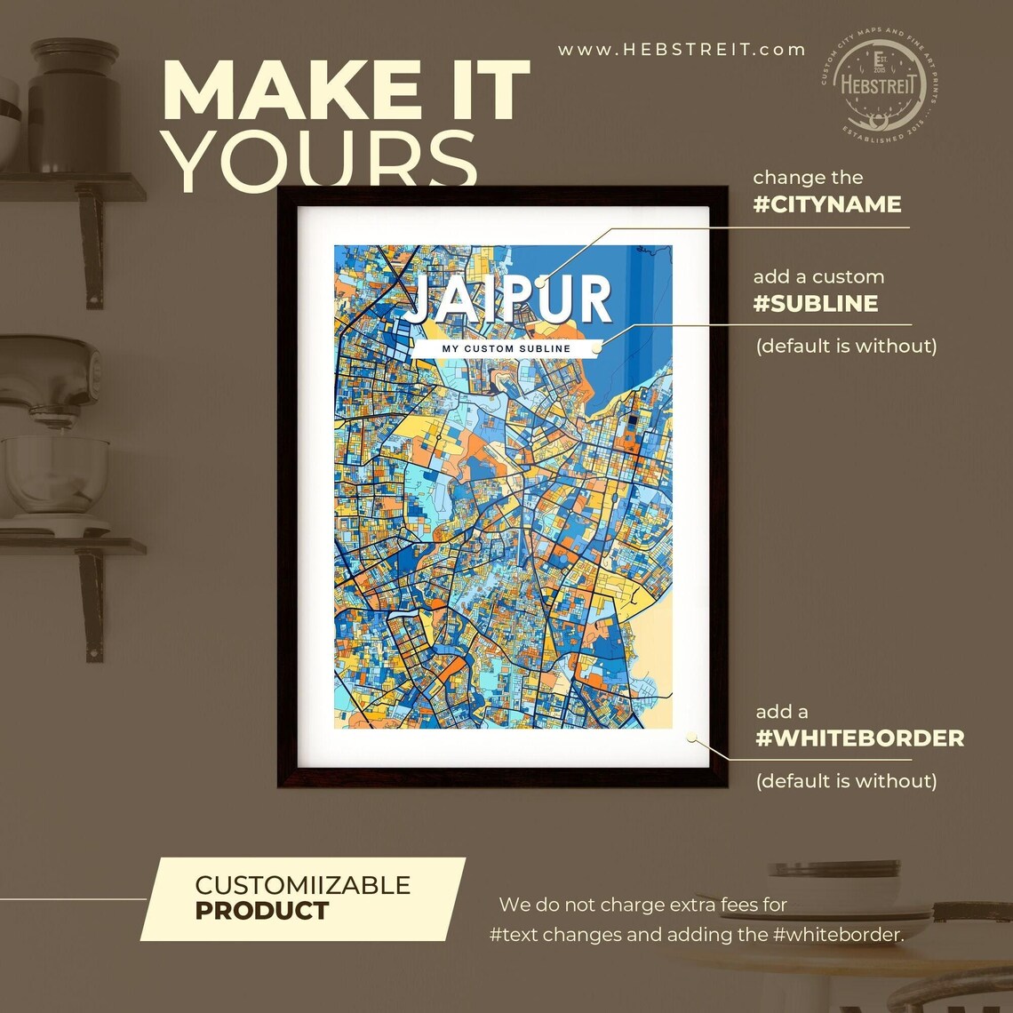 Jaipur India Bold Colorful Vibrant City Street Map Art Poster - Image 2