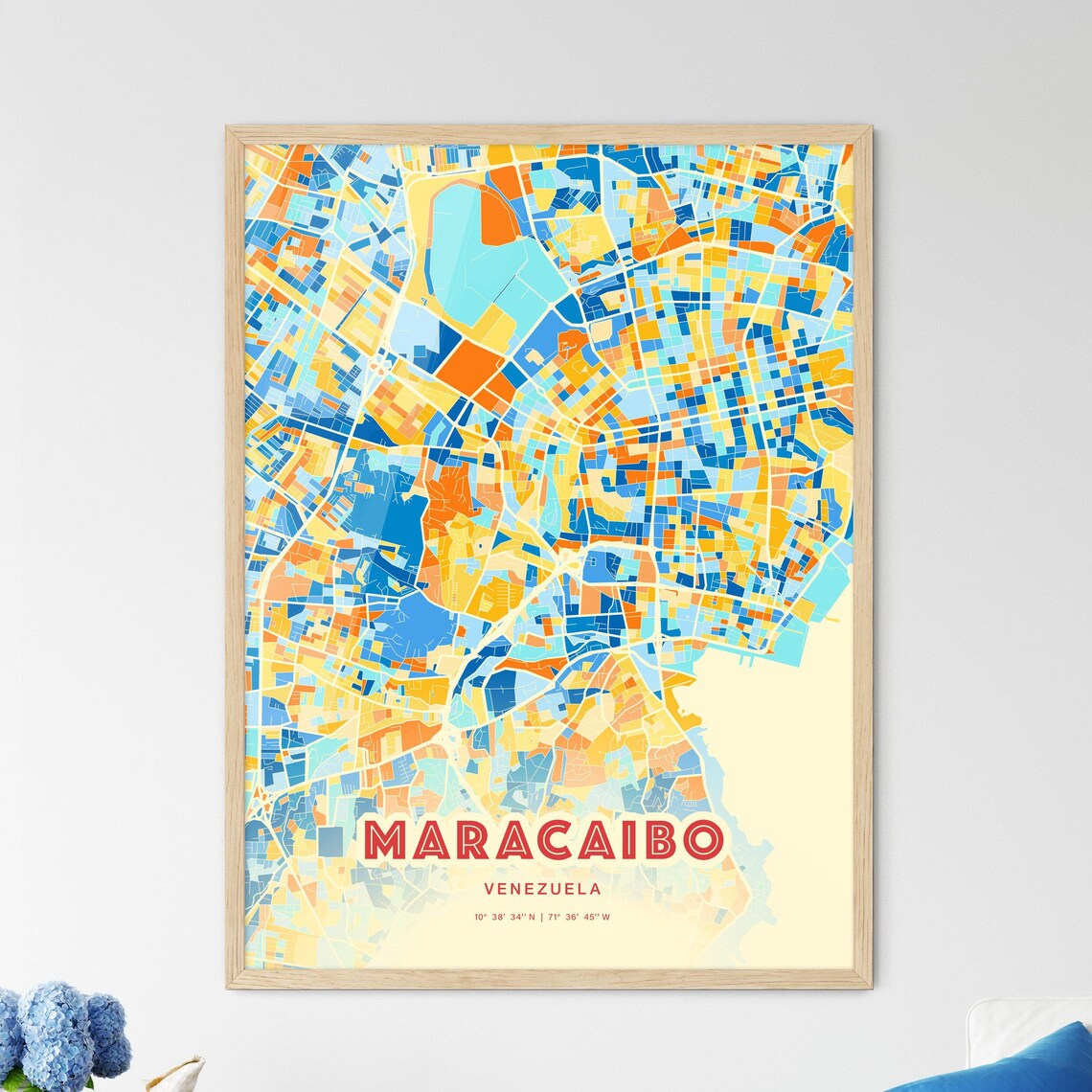 Maracaibo Venezuela Blue Orange Colorful City Map Art Poster With Coordinates