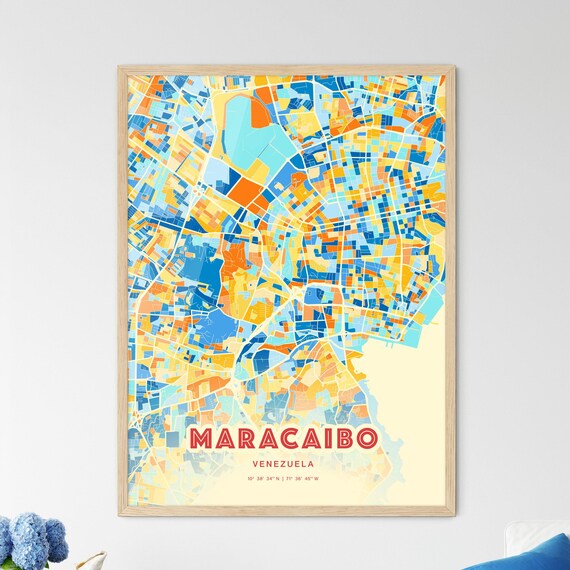 Maracaibo Venezuela Blue Orange Colorful City Map Art Poster With Coordinates