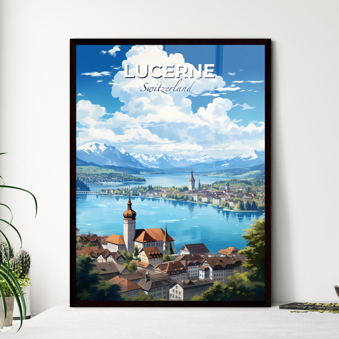 Lucerne Switzerland Lake Old Town Snow Mountain Alpine Travel Poster