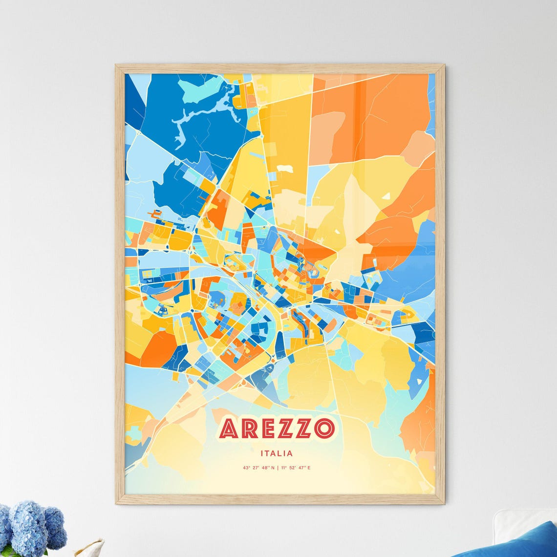 Arezzo Italy Modern Geometric Blue Orange City Map Art Poster