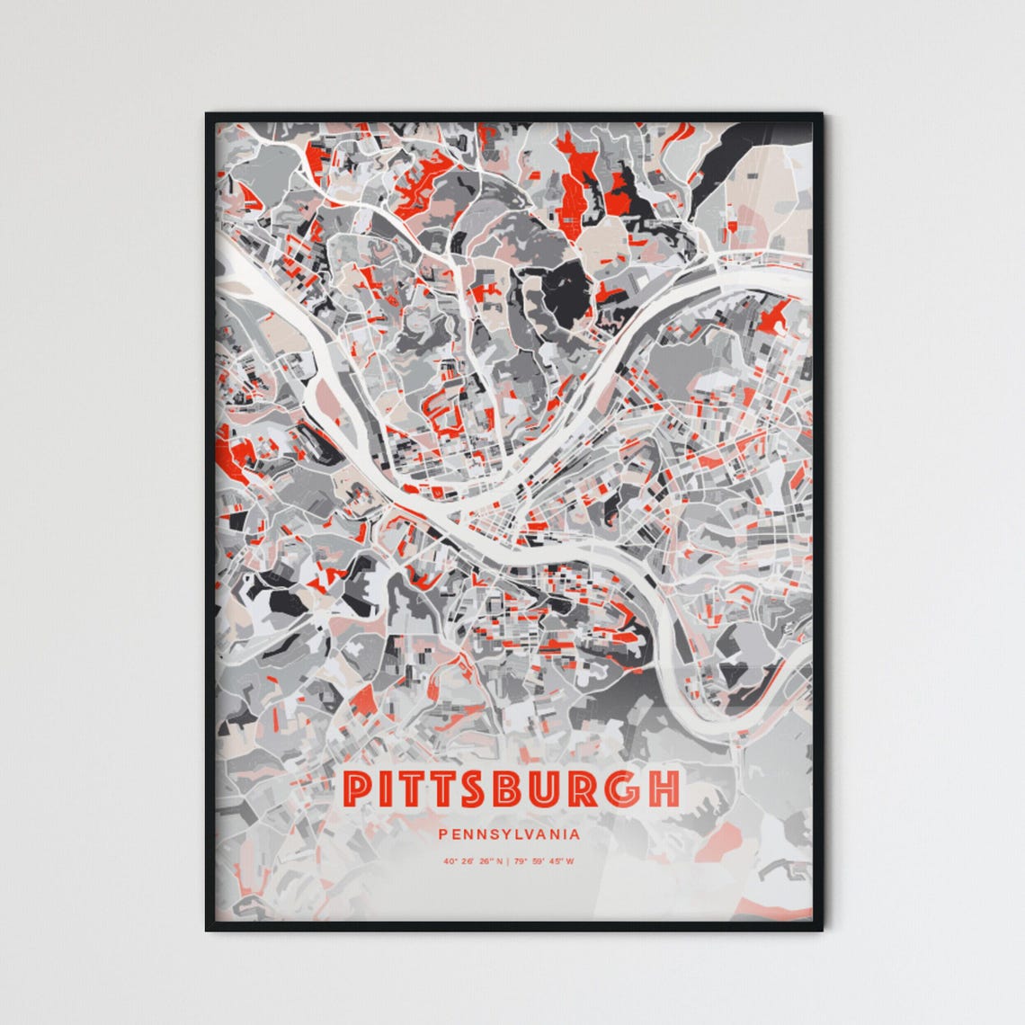 Pittsburgh Pennsylvania Bold Red and Gray Modern City Map Poster