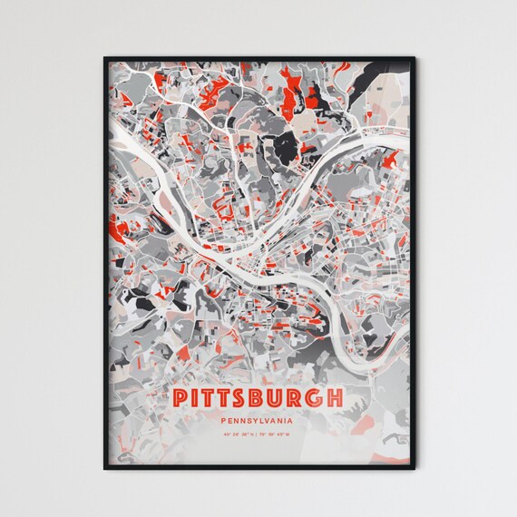 Pittsburgh Pennsylvania Bold Red and Gray Modern City Map Poster
