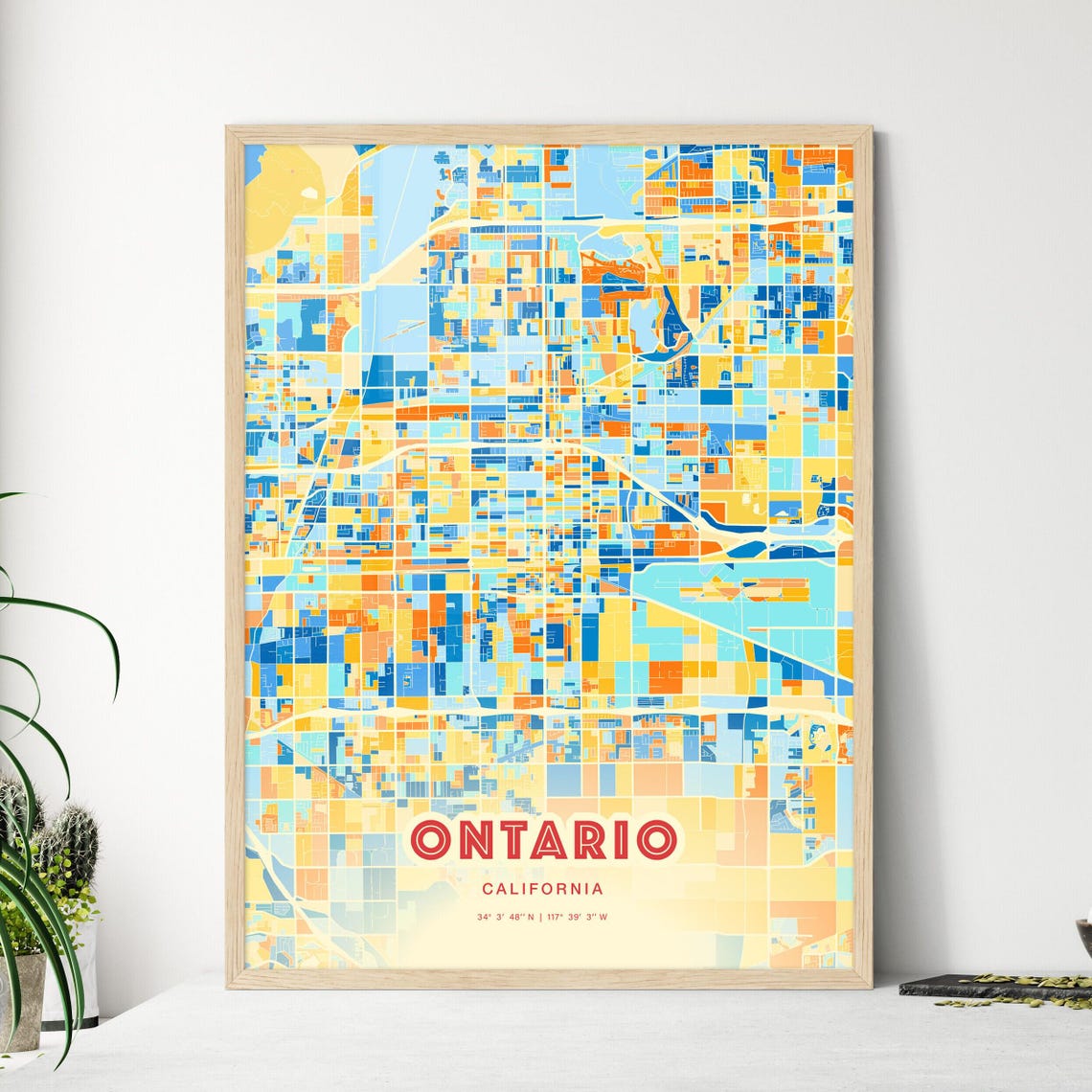 Ontario California Modern Vibrant Blue Orange Map Art Poster
