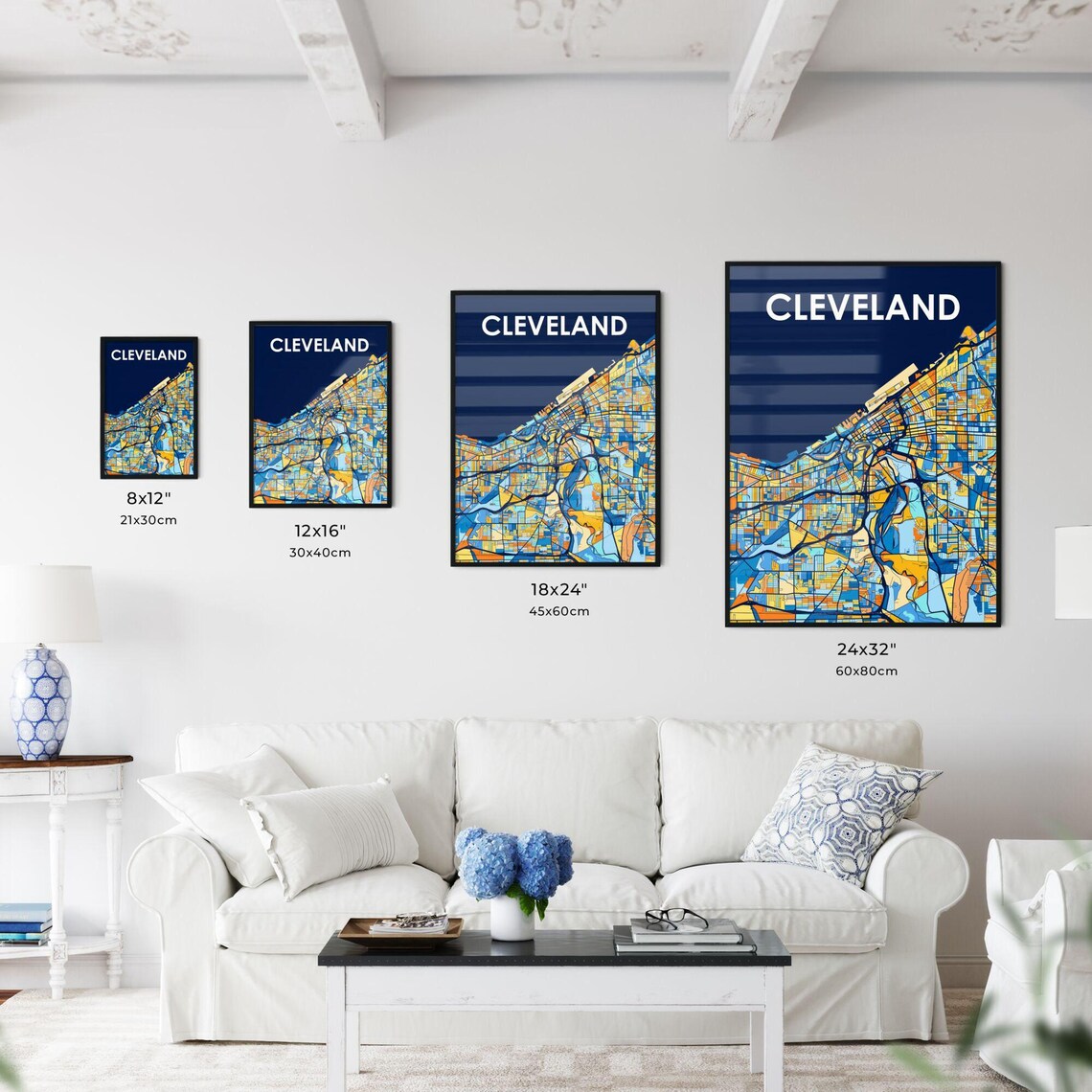 Cleveland Ohio Colorful Blue and Yellow Mosaic City Map Poster - Image 3