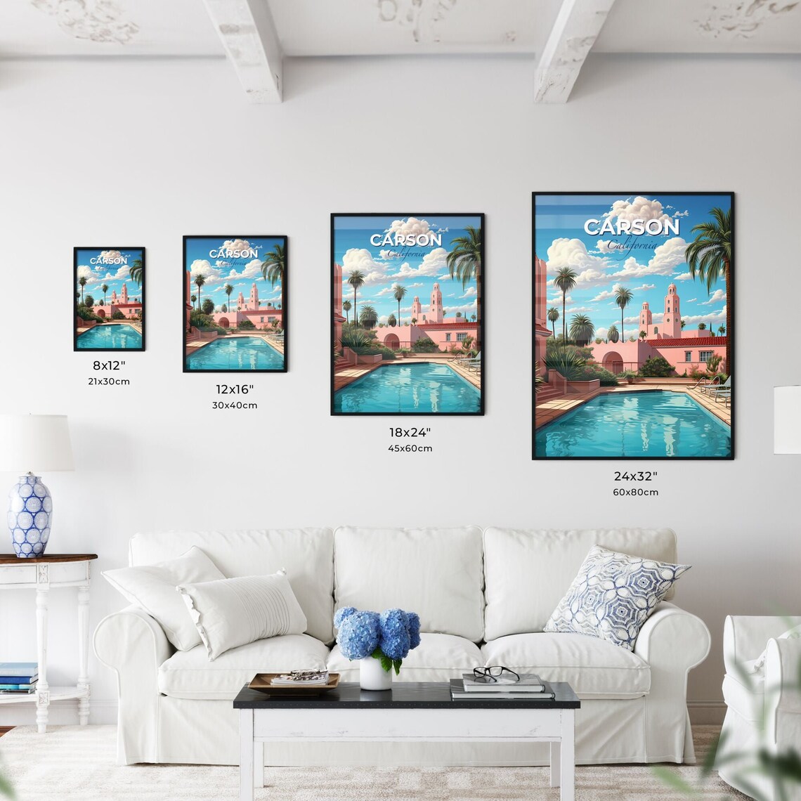 Carson California Courtyard Pool Travel Poster Palm Trees City Art - Image 3