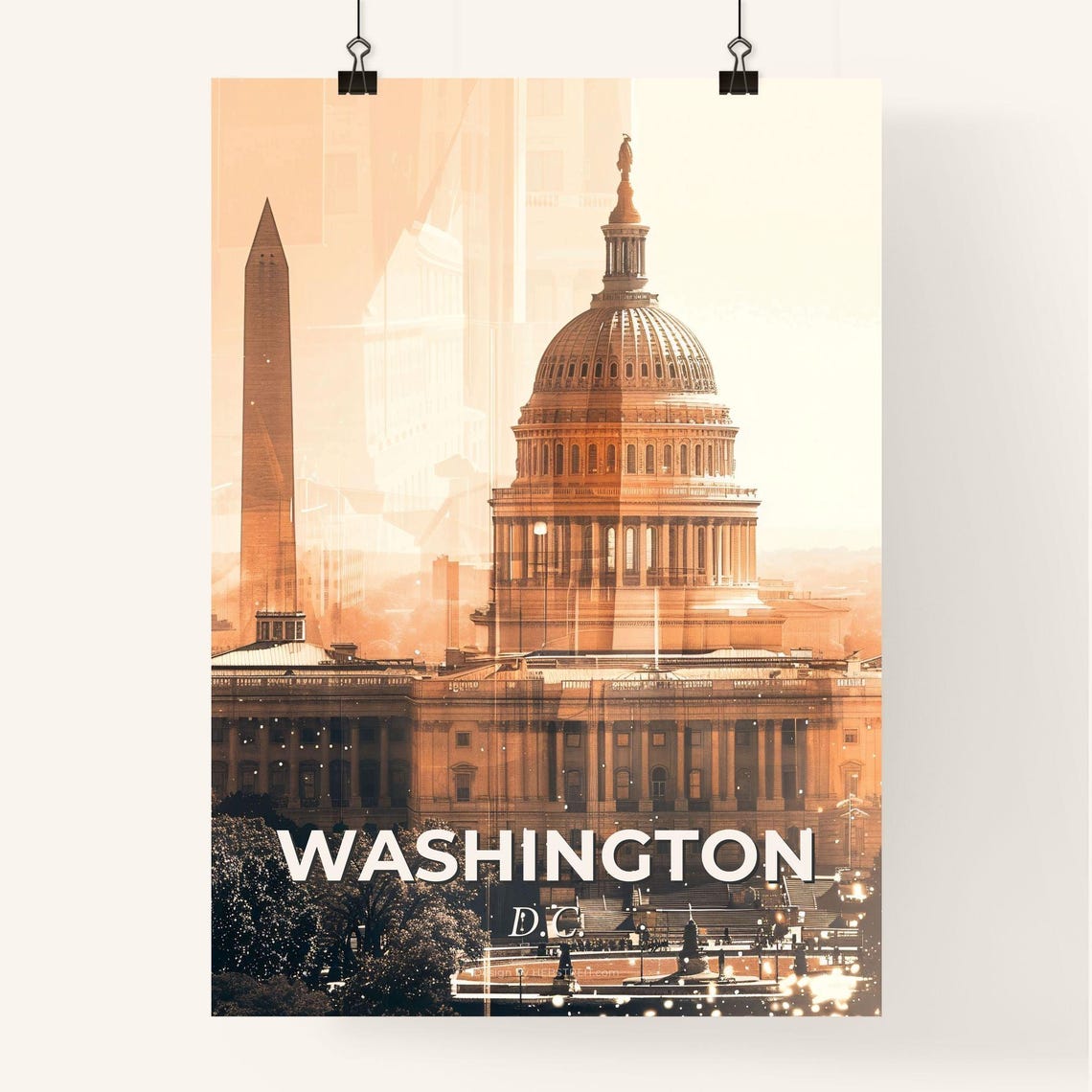 Washington DC Capitol and Monument Golden Historic Cityscape Poster - Image 4