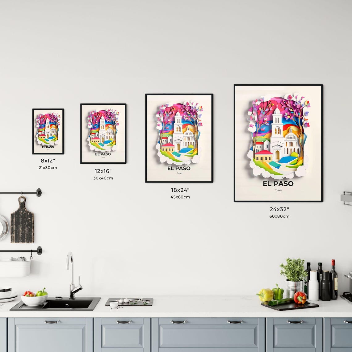 El Paso Texas Colorful Paper Cut Church and Flowering Trees Poster - Image 3