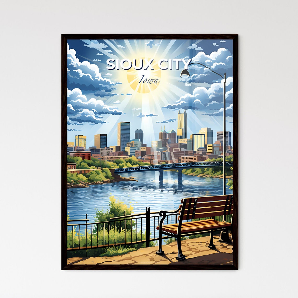 Vivid Sioux City Iowa Riverside Bench Skyline Sunburst Poster