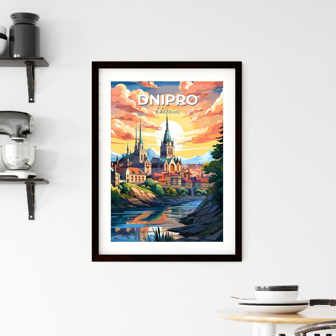 Dnipro Ukraine Cathedral Spires River Golden Sunset Skyline Poster - Image 2