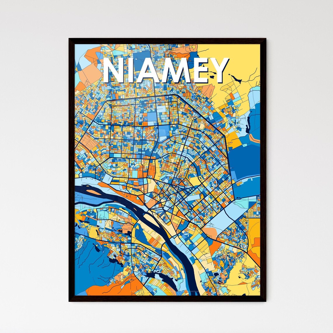 Niamey Niger Colorful City Street Map in Blue and Orange Poster