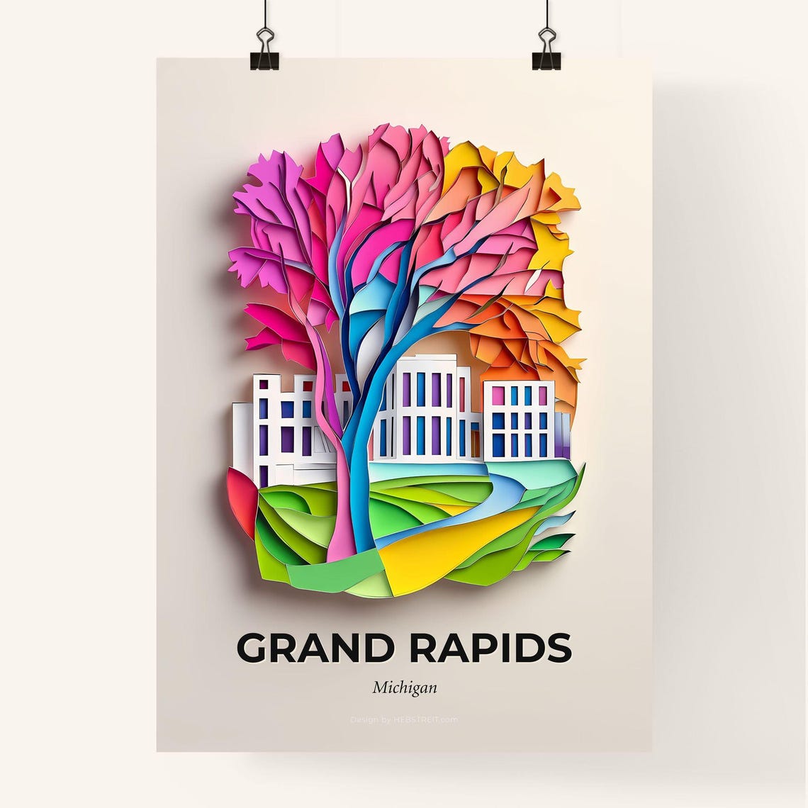 Grand Rapids Michigan Colorful Paper Cut Tree Building Poster - Image 4