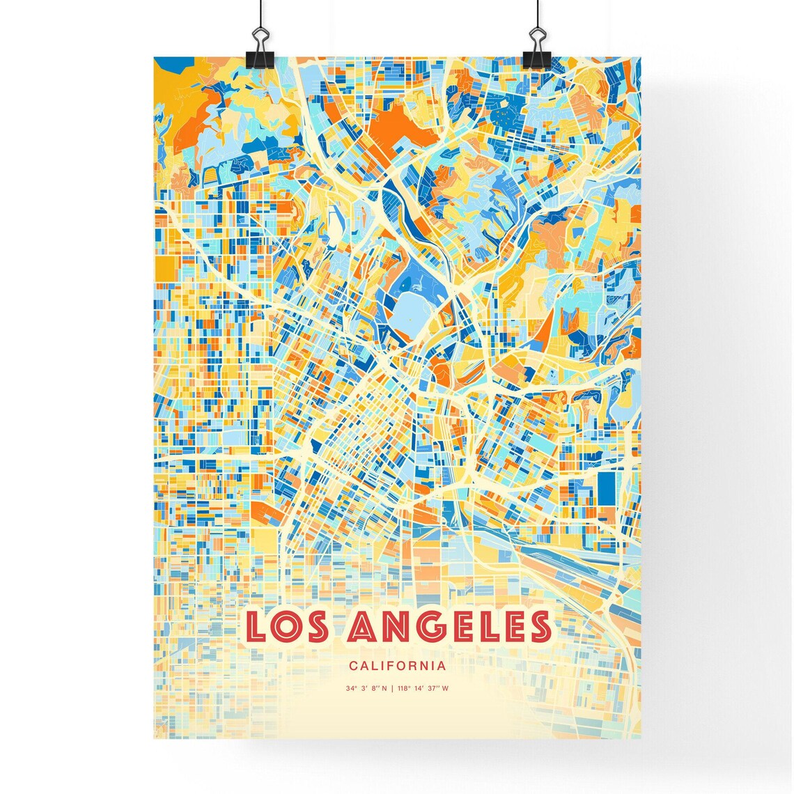 Los Angeles California Colorful Blue Orange City Map Art Poster - Image 3