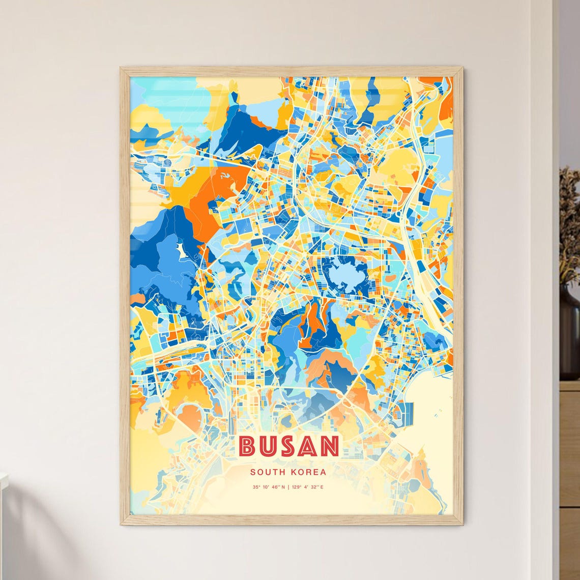 Busan South Korea Blue Orange Modern City Map Art Poster for Home