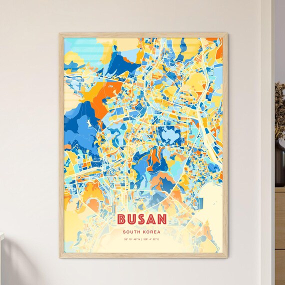 Busan South Korea Blue Orange Modern City Map Art Poster for Home