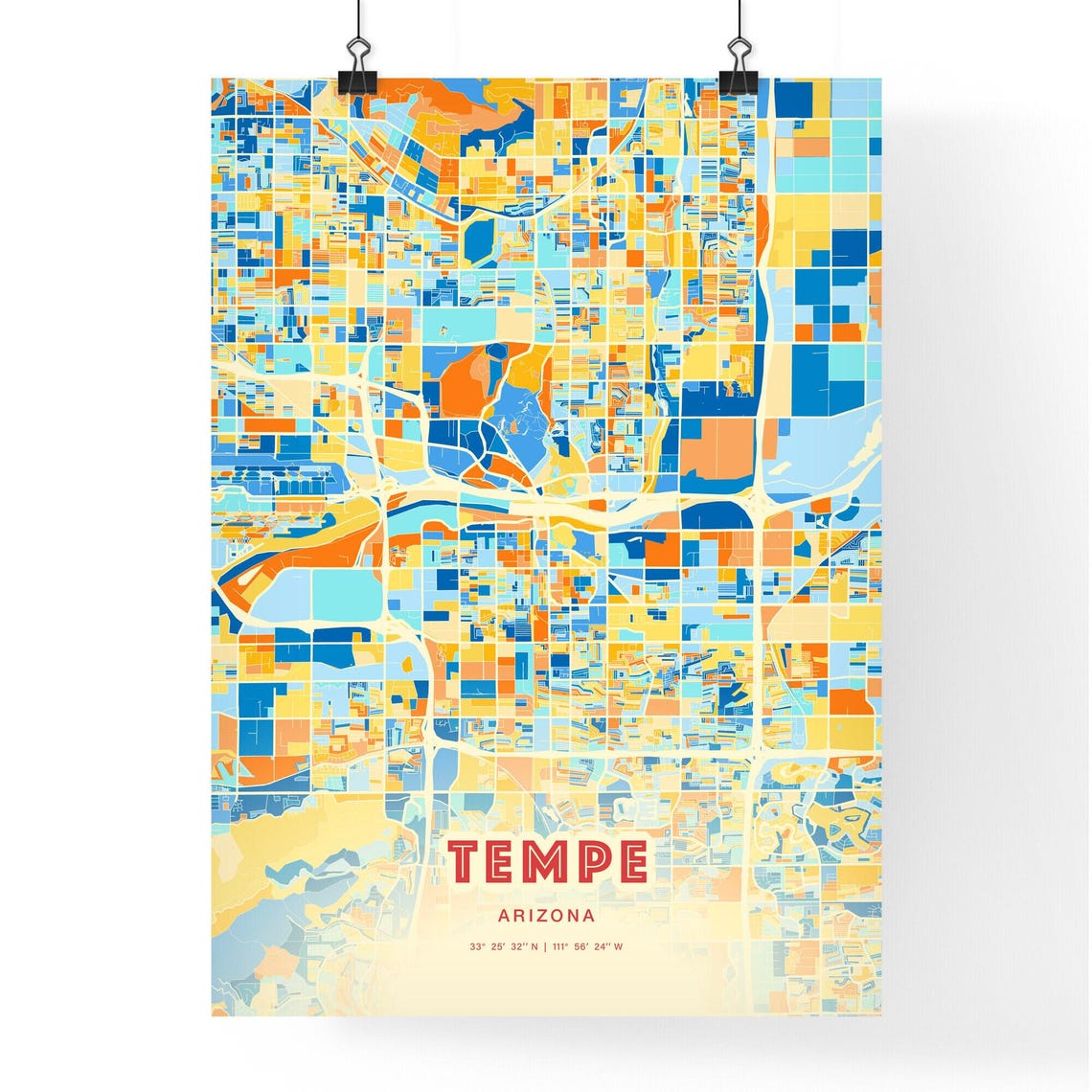 Tempe Arizona Vibrant Colorful City Map Art Coordinates Poster - Image 3