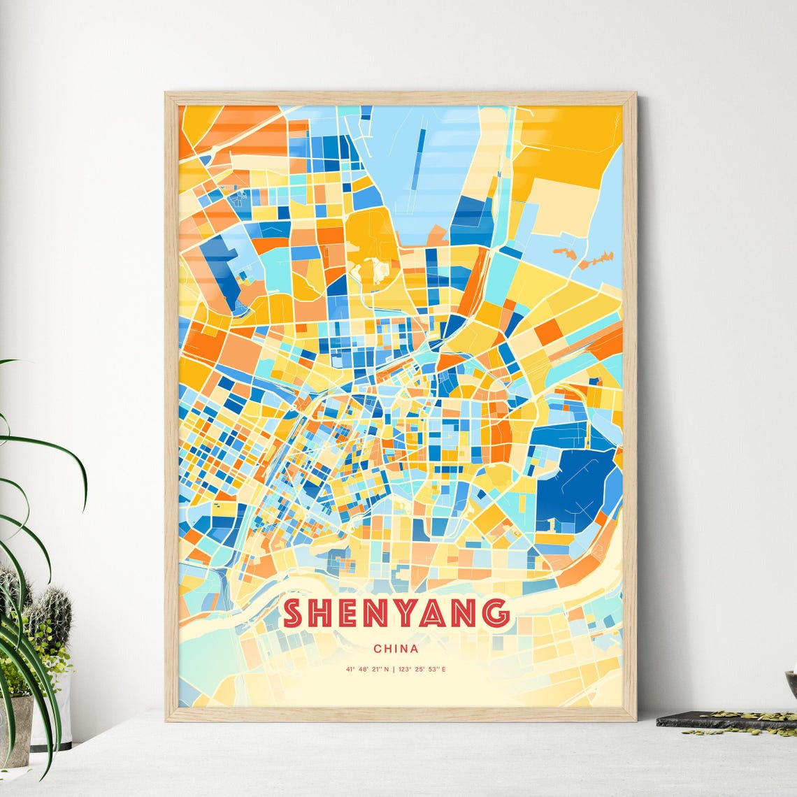 Shenyang China City Street Map Art Poster Blue Orange Coordinates