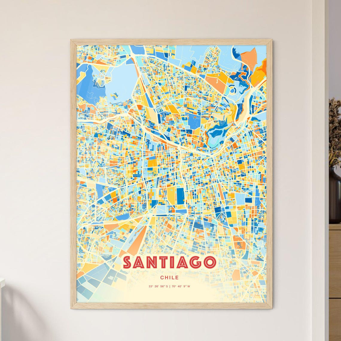 Santiago Chile Vibrant Colorful Blue Orange Fine Art City Map Poster