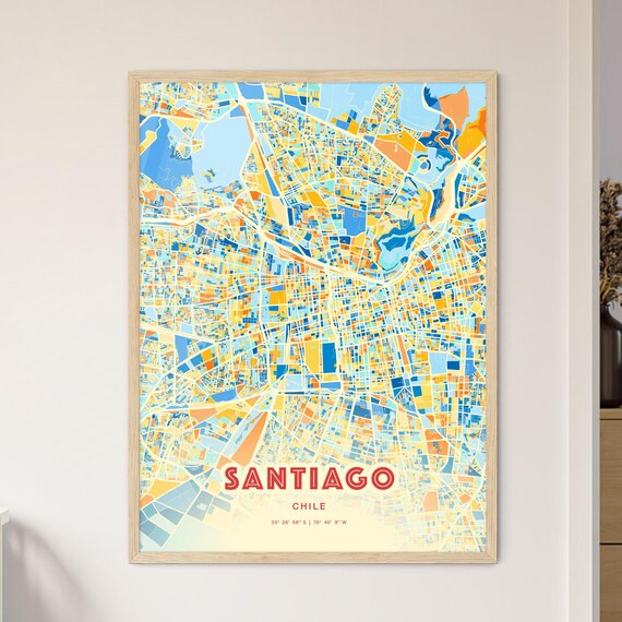 Santiago Chile Vibrant Colorful Blue Orange Fine Art City Map Poster