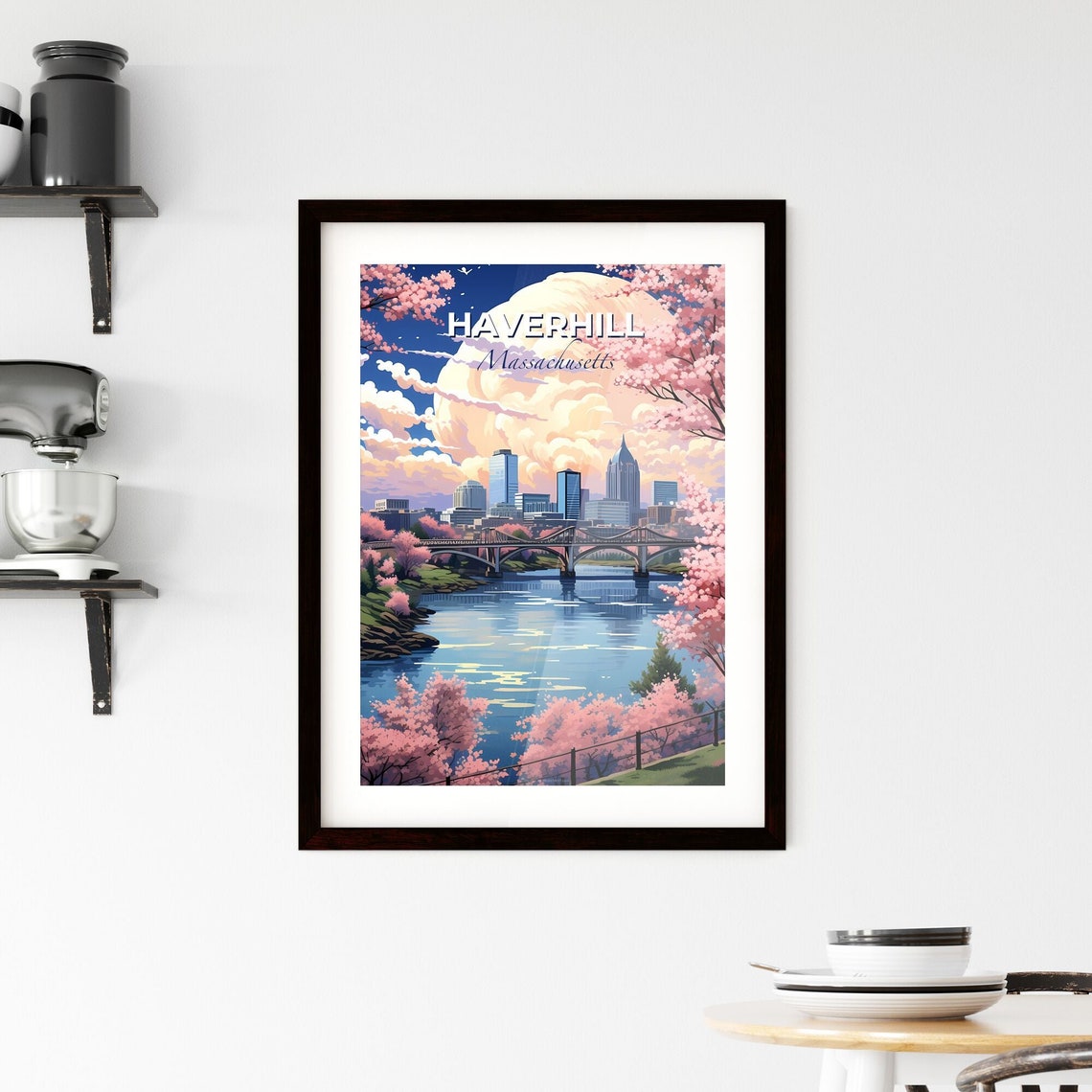 Haverhill Massachusetts Cherry Blossom River Bridge Skyline Poster - Image 2