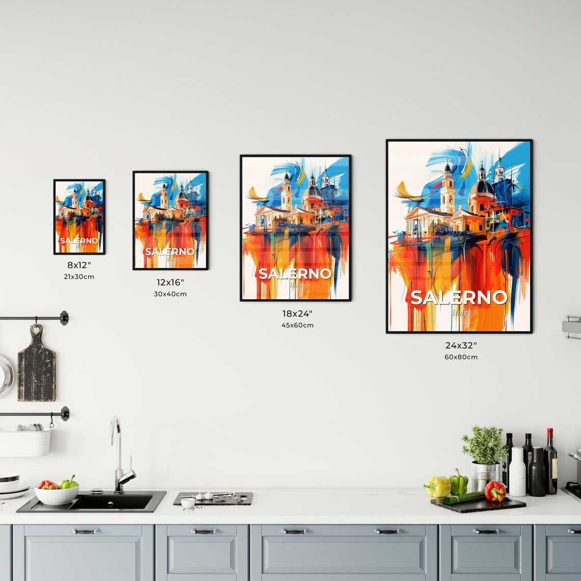 Salerno Italy Colorful City Painting Abstract Cathedral Art Poster - Image 3