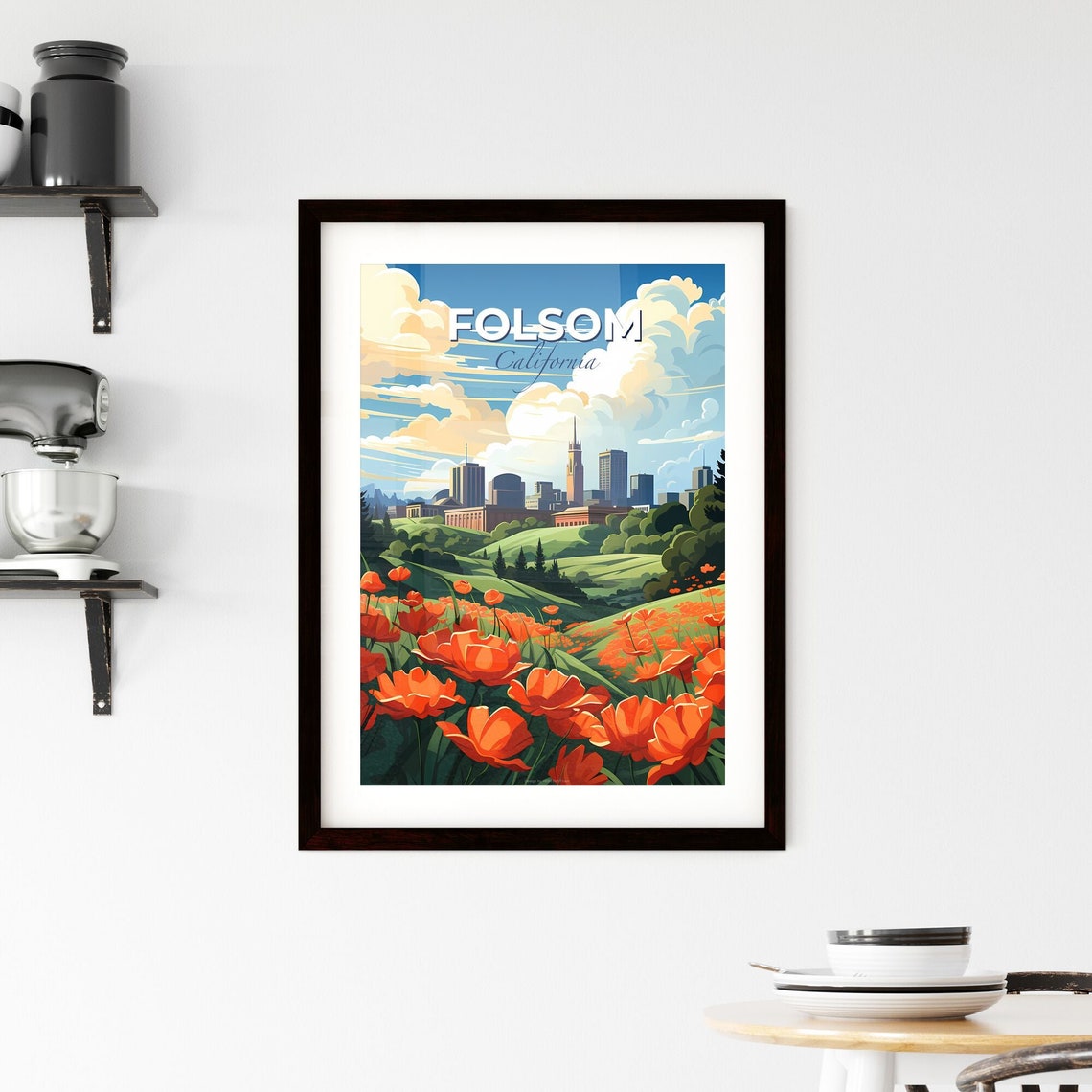 Folsom California Poppy Field Bloom City Skyline Travel Poster - Image 2