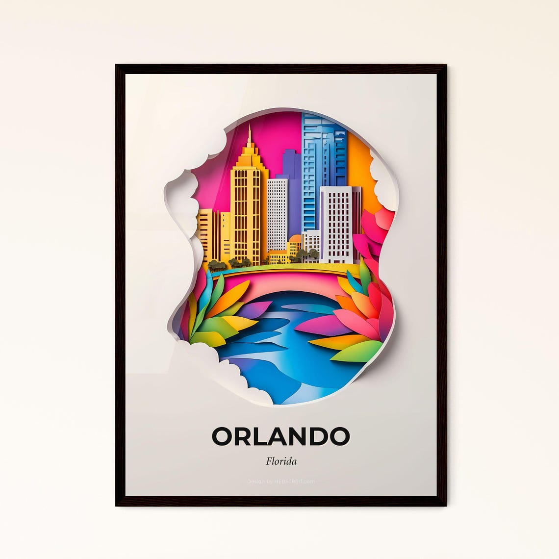 Orlando Florida Skyline Lake Sunset Colorful Paper Cut Art Poster