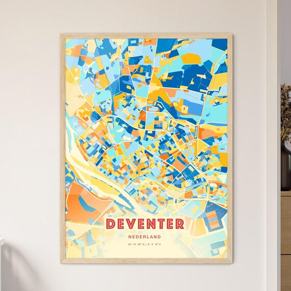 Deventer Netherlands Blue Orange Colorful City Map Art Poster With Coordinates