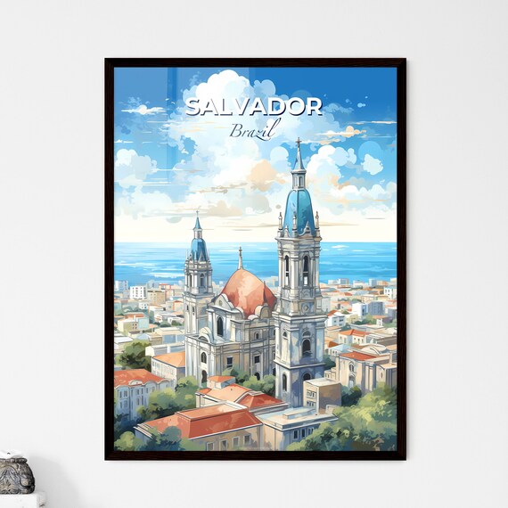 Salvador Brazil Cathedral Seaside Illustrated Vintage Travel Poster
