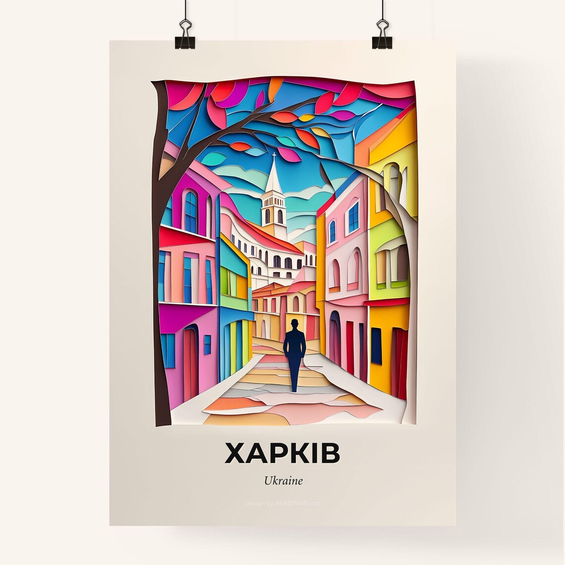 Kharkiv Ukraine 3D Paper Cut Colorful Street Church Art Poster - Image 4
