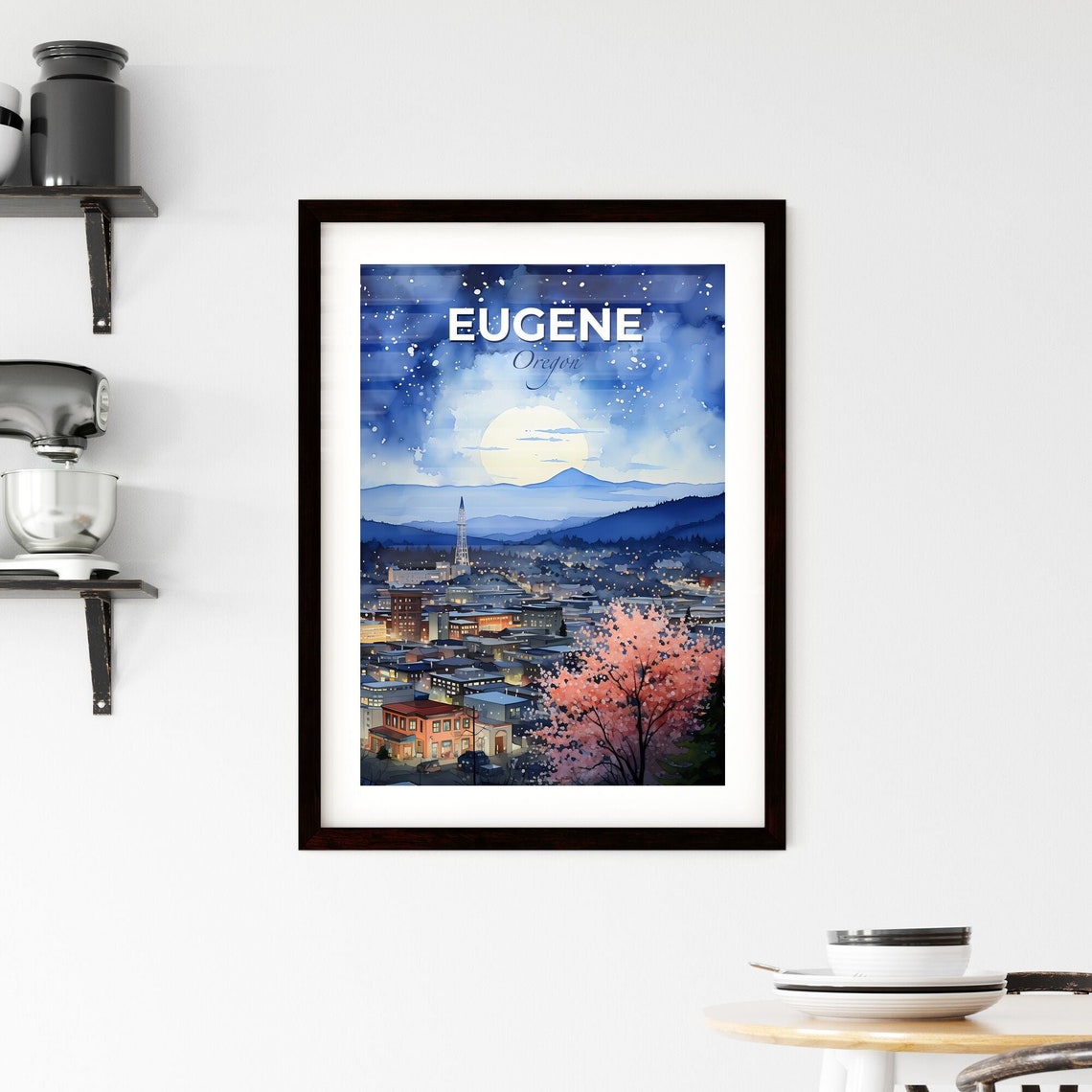 Eugene Oregon Moonlit Night Cityscape Mountain View Travel Poster - Image 2