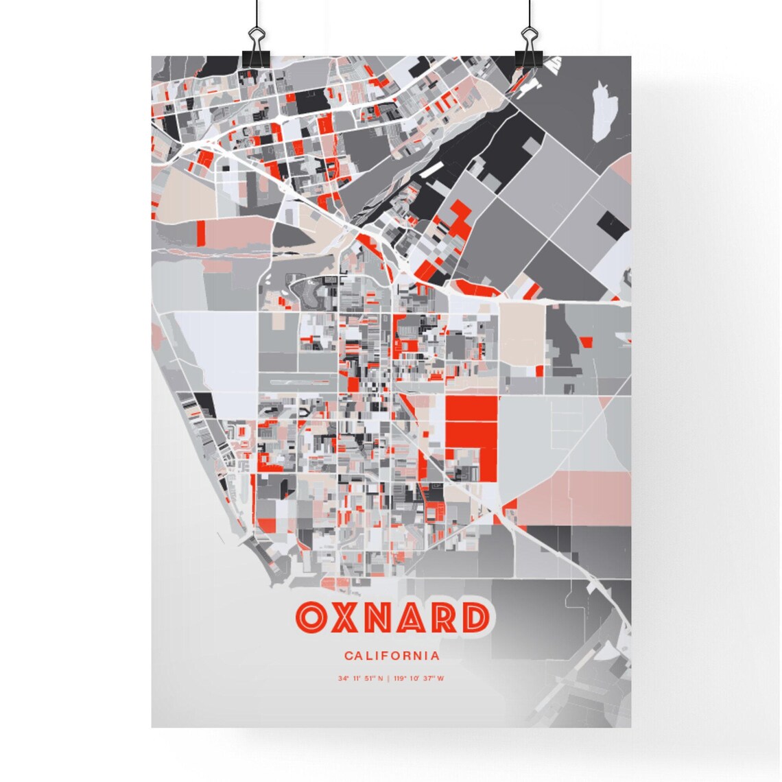 Oxnard California Modern Red Expressive City Map Poster with Coordinates - Image 3