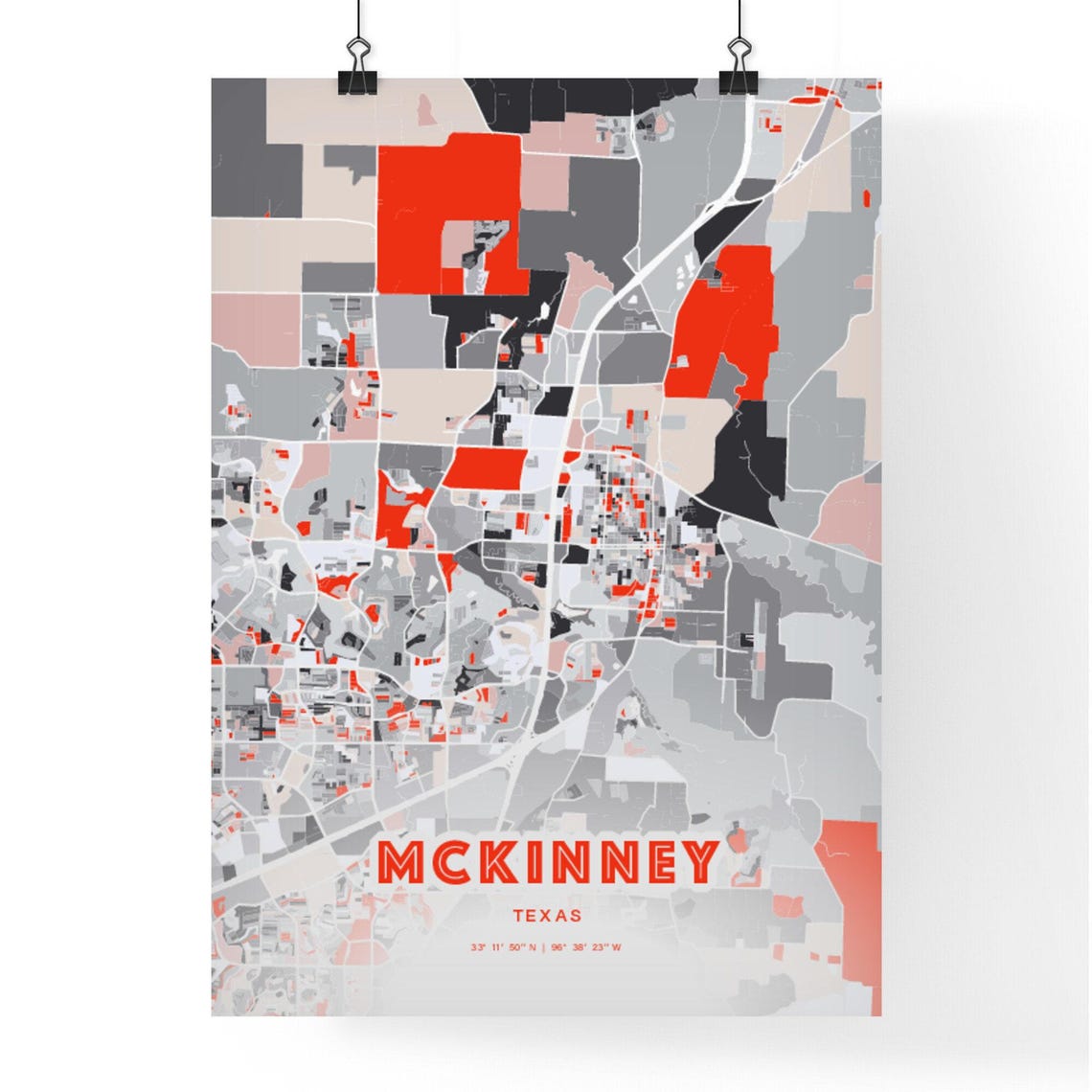 McKinney Texas Modern Map Art Poster Red Gray Expressive Street Style - Image 3