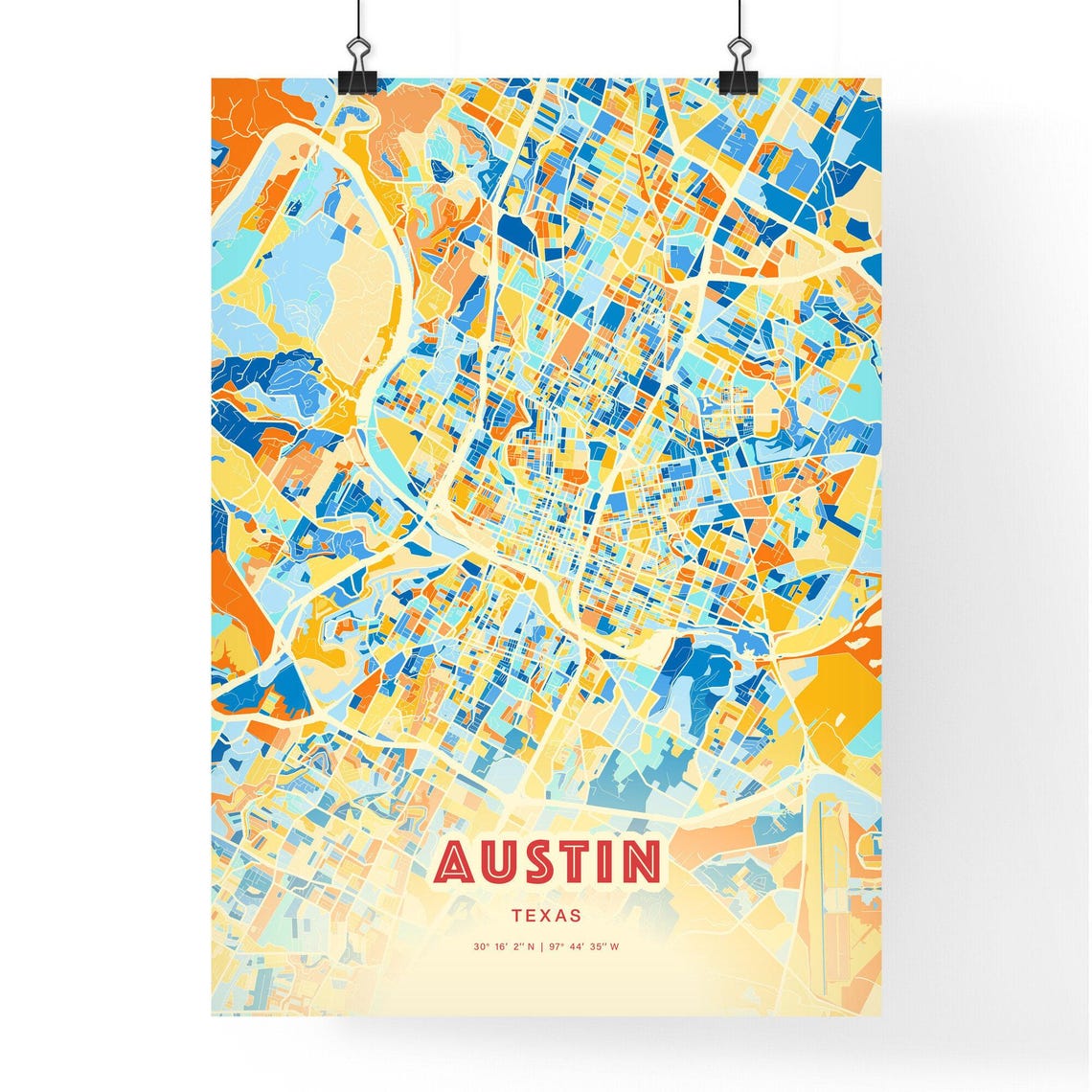 Austin Texas Bold Vibrant Blue Orange Mosaic City Map Poster - Image 3