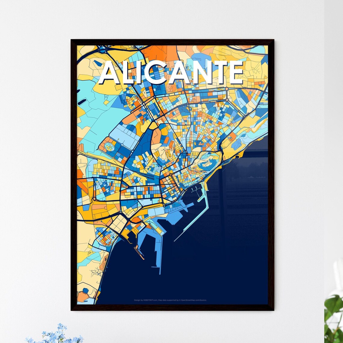 Alicante Spain Coastal City Map Art Poster Bold Navy Blue Street Style