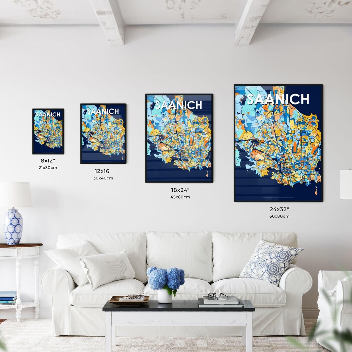 Saanich Canada Bold City Map Art Poster in Navy Orange and Yellow - Image 3