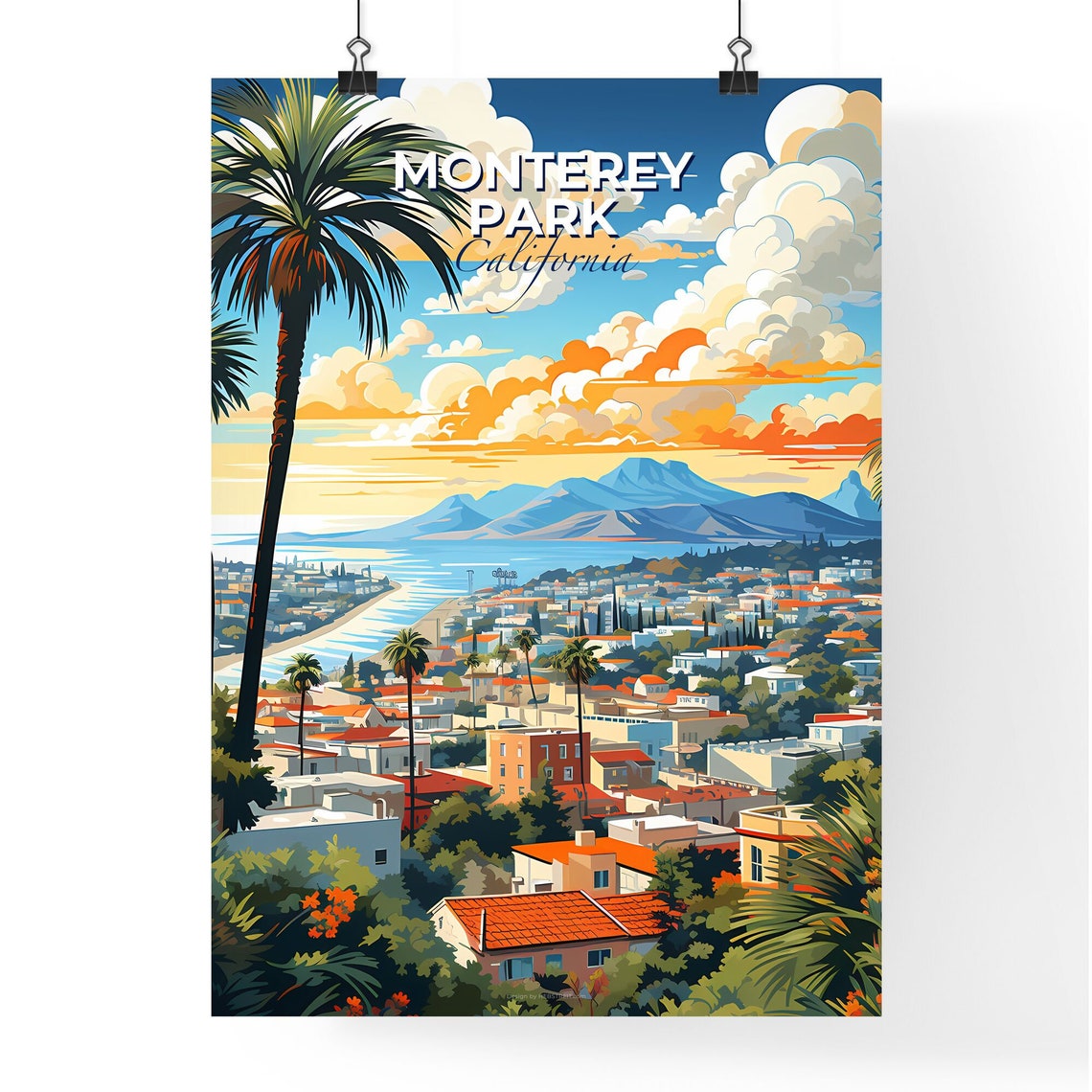 Monterey Park California Coastal City Palm Overlook Art Poster - Image 4