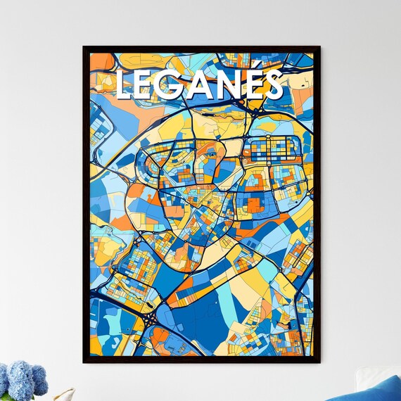 Leganés Spain Vibrant Geometric City Map Art Poster in Blue and Orange